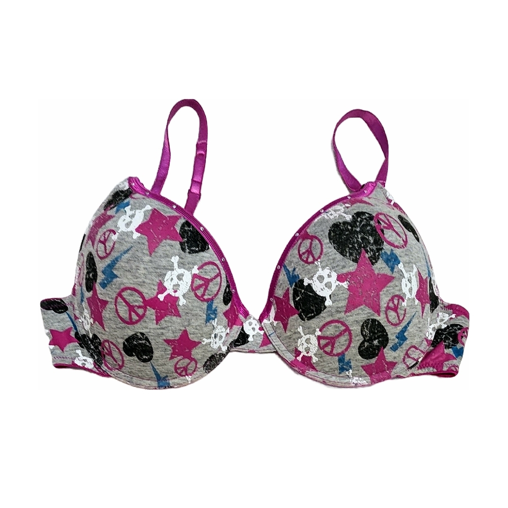 Joe Boxer 38C Pink Grey Skull Peace Studded Rivets Underwire Bra